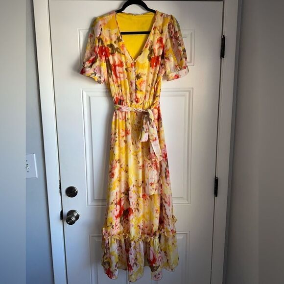 Calvin Klein Fall Pallet Chiffon Maxi Dress yellow Floral Print size 6 - Picture 6 of 7